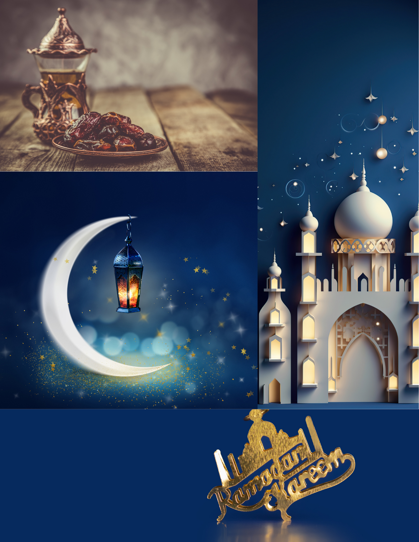 Collage of Ramadan-themed images including a cup, food, lantern, crescent moon, and mosque.