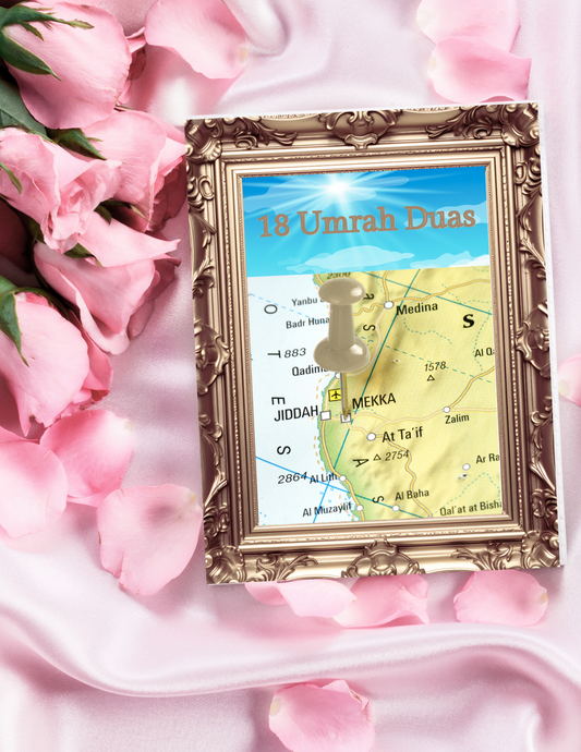 Decorative frame with '18 Umrah Duas' text and map on pink floral background